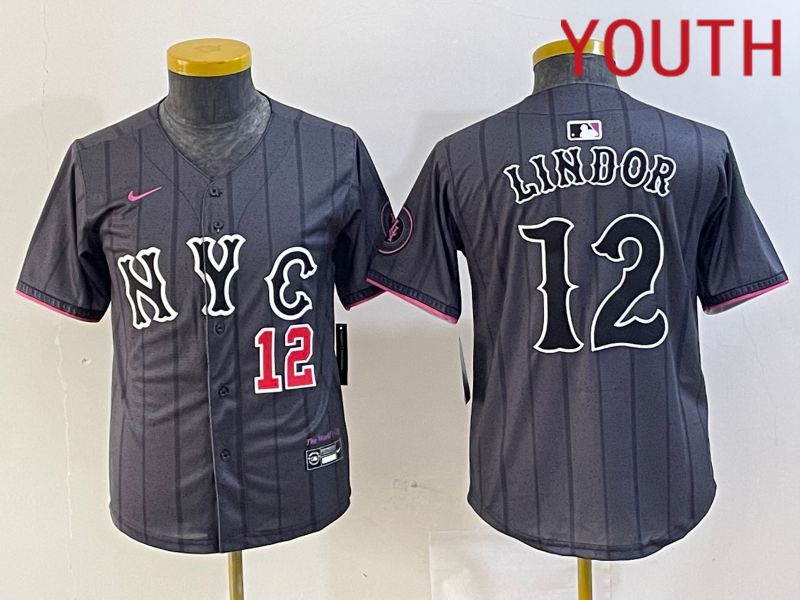 Youth New York Mets #12 Lindor Black City Edition 2024 Nike MLB Jersey style 3